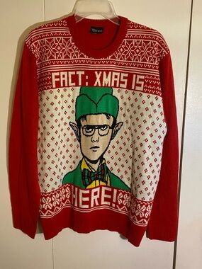 OFFICE Red and White 'Fact: XMAS Is Here!' Elf Crewneck Sweater